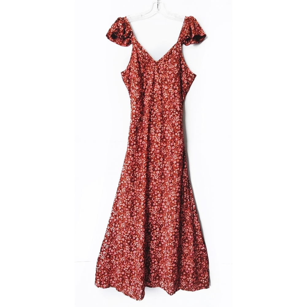 Tiare Hawaii Orange Floral Maxi Dress Cap Sleeve M